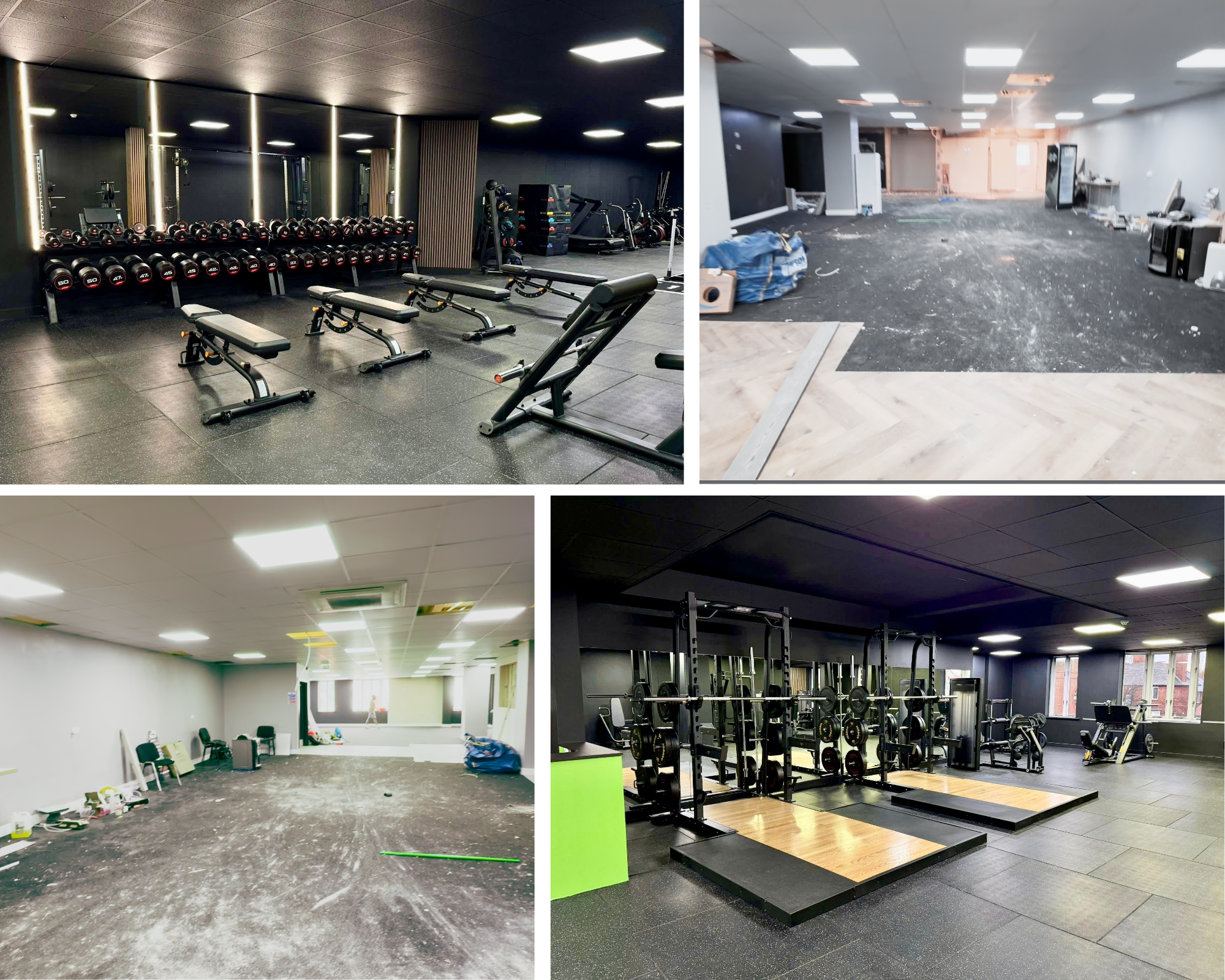 Collage of four images showing different gym or fitness center rooms. The top left image features a modern gym with dumbbells and workout benches. The top right image shows a room under renovation with debris and construction materials. The bottom left image portrays an empty, clean fitness room with chairs along the wall. The bottom right image displays a weightlifting area with equipment and a wooden platform.