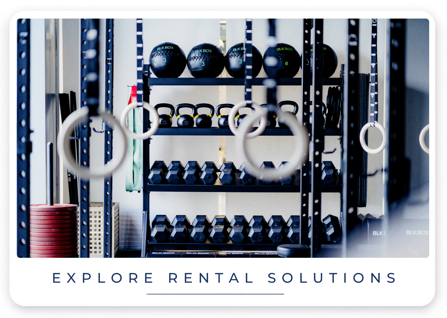 A gym storage rack with black kettlebells, dumbbells, medicine balls, weight plates, resistance bands, and gymnastic rings.