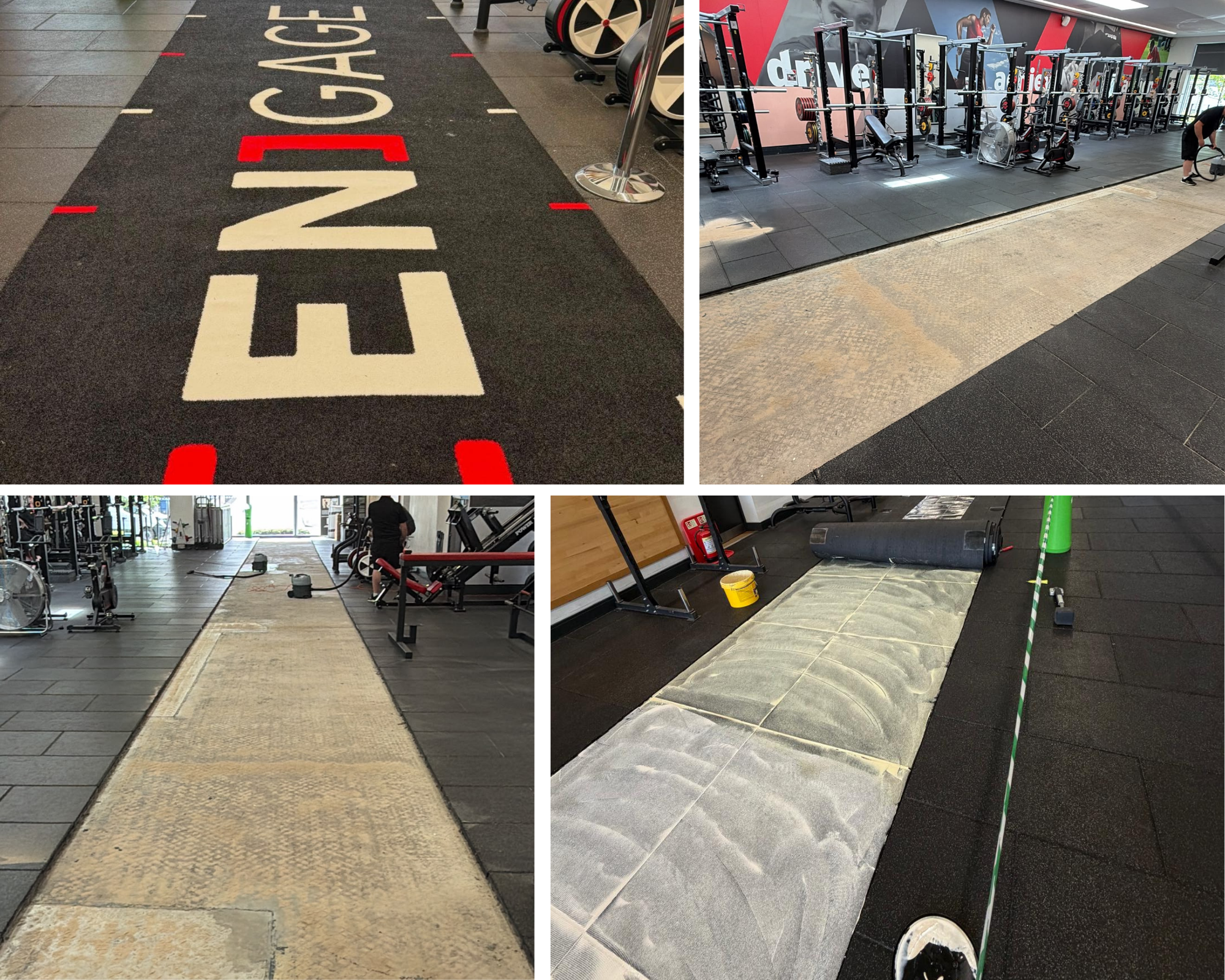 Collage of gym floor areas with different workout mats, fitness equipment, and workout spaces.