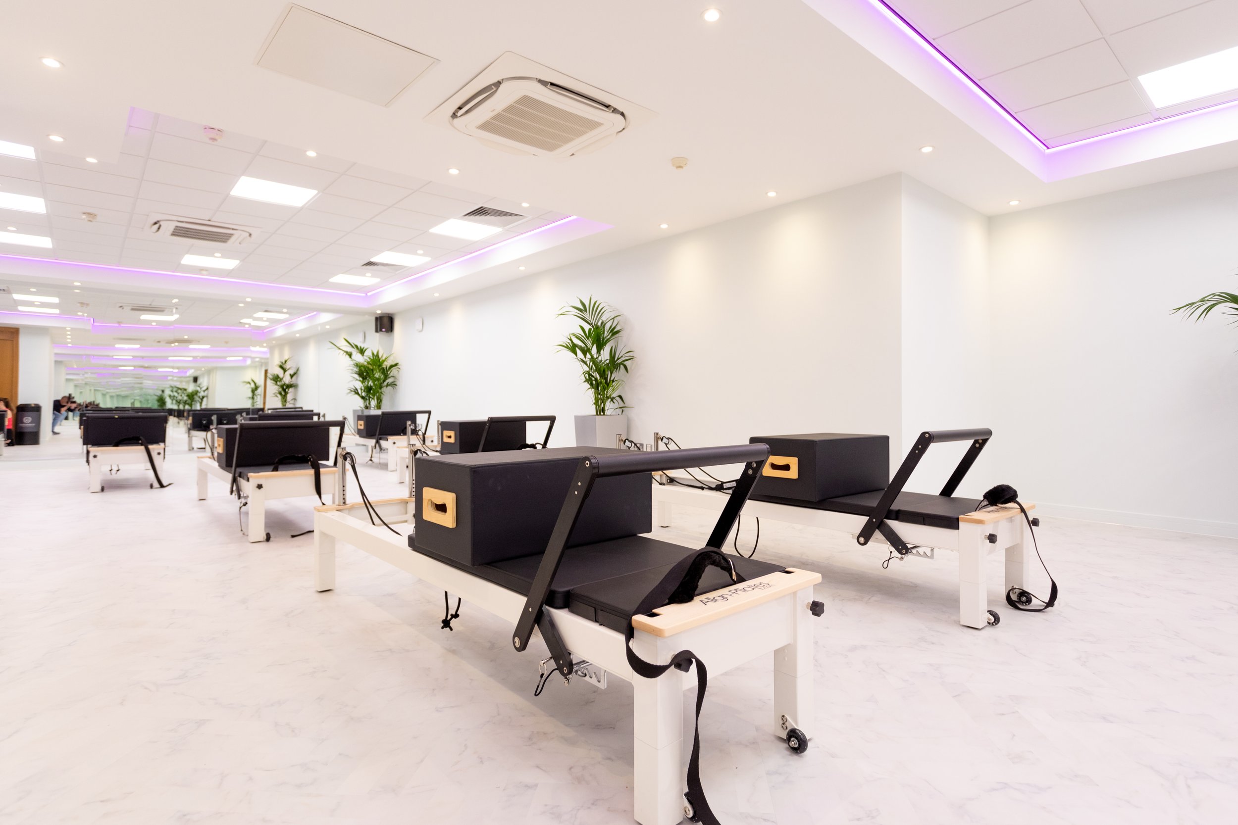 Empty hospital or clinic waiting room with medical beds or stretchers, some with name tags, and potted plants along the white walls. The ceiling has recessed lighting and purple accent lighting.