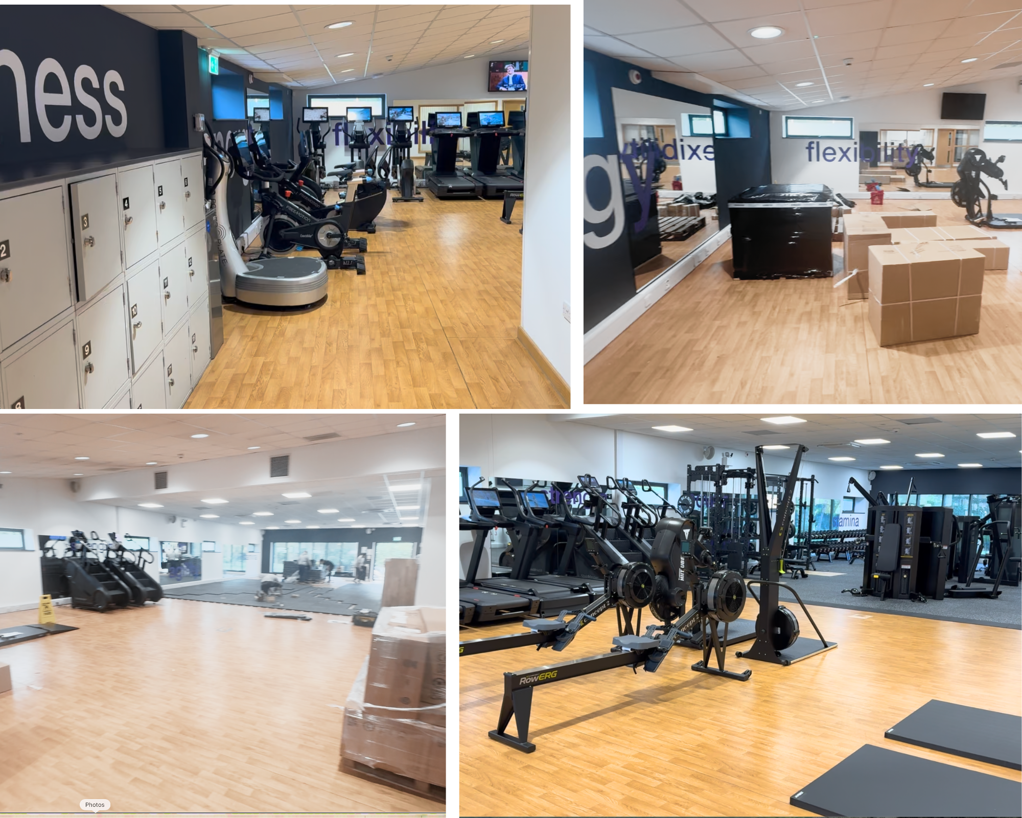 A collage of four images of a gym, each showing different workout areas with fitness equipment and machines, with wooden floors and white ceilings.