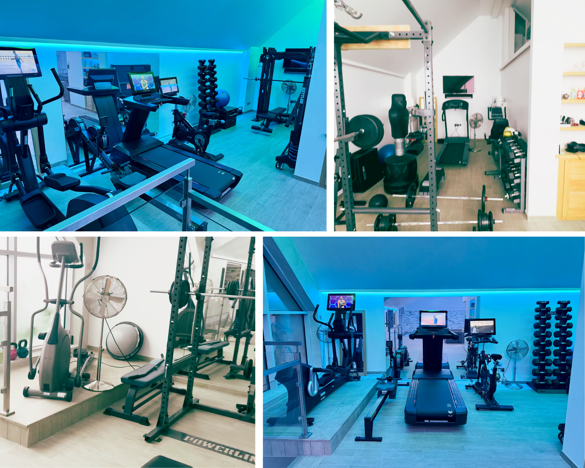Images of three indoor gym rooms. The top left room features cardio equipment and a blue mood lighting setup. The top right room has weightlifting and resistance training equipment with modern decor. The bottom room contains cardio machines and fitness monitors with bright lighting. All rooms are equipped for various workout routines.