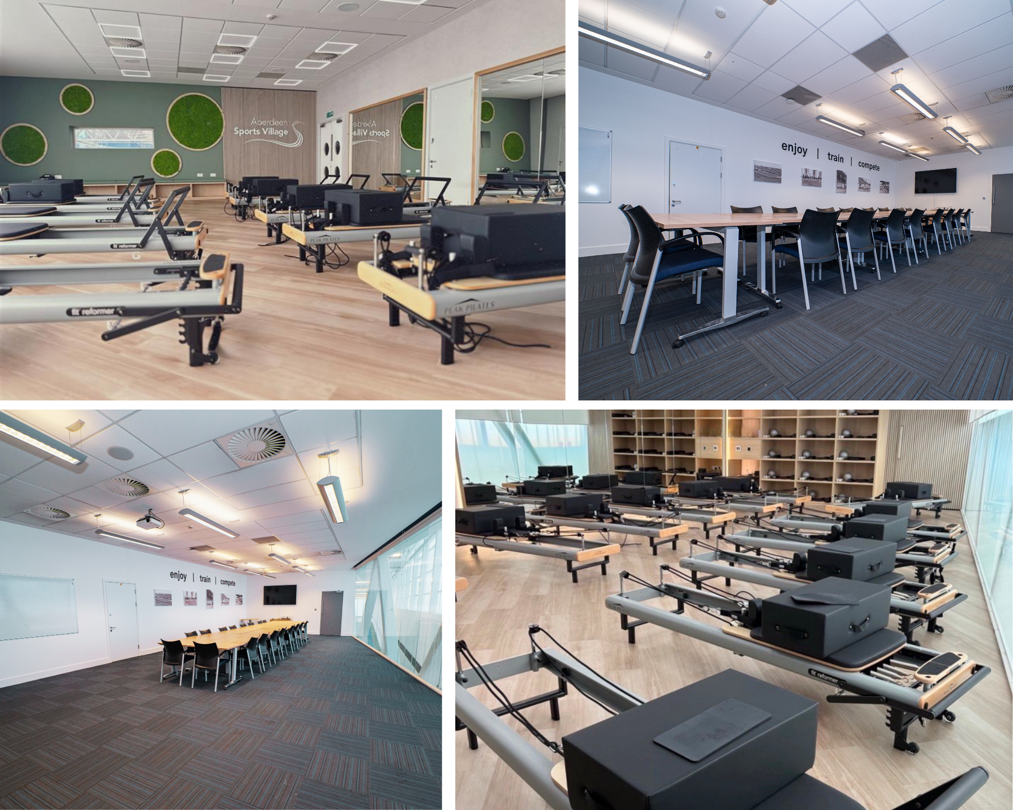 A collage of four images showing different rooms for fitness or training. The images include a rowing machine room with multiple machines facing a green wall with circular decorations, a conference or meeting room with a long table and chairs with motivational words on the wall, a room with a ceiling with modern lighting and ventilation, and a room with shelves, chairs, and tables, possibly for corporate training or meetings.