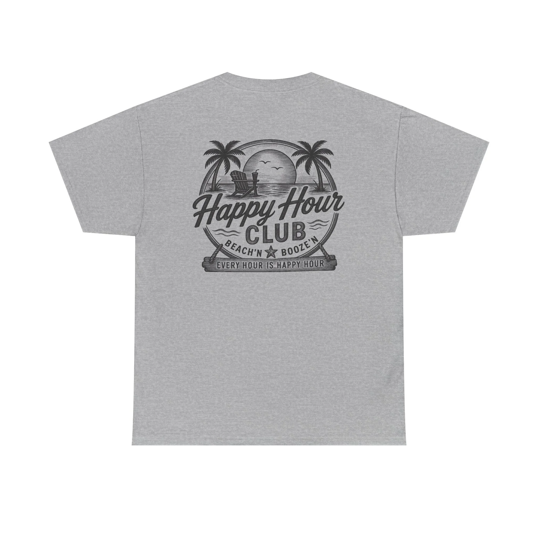 Happy Hour Club Beach Tee — "Happy Hour Club" Retro Palm Sunset T‑Shirt