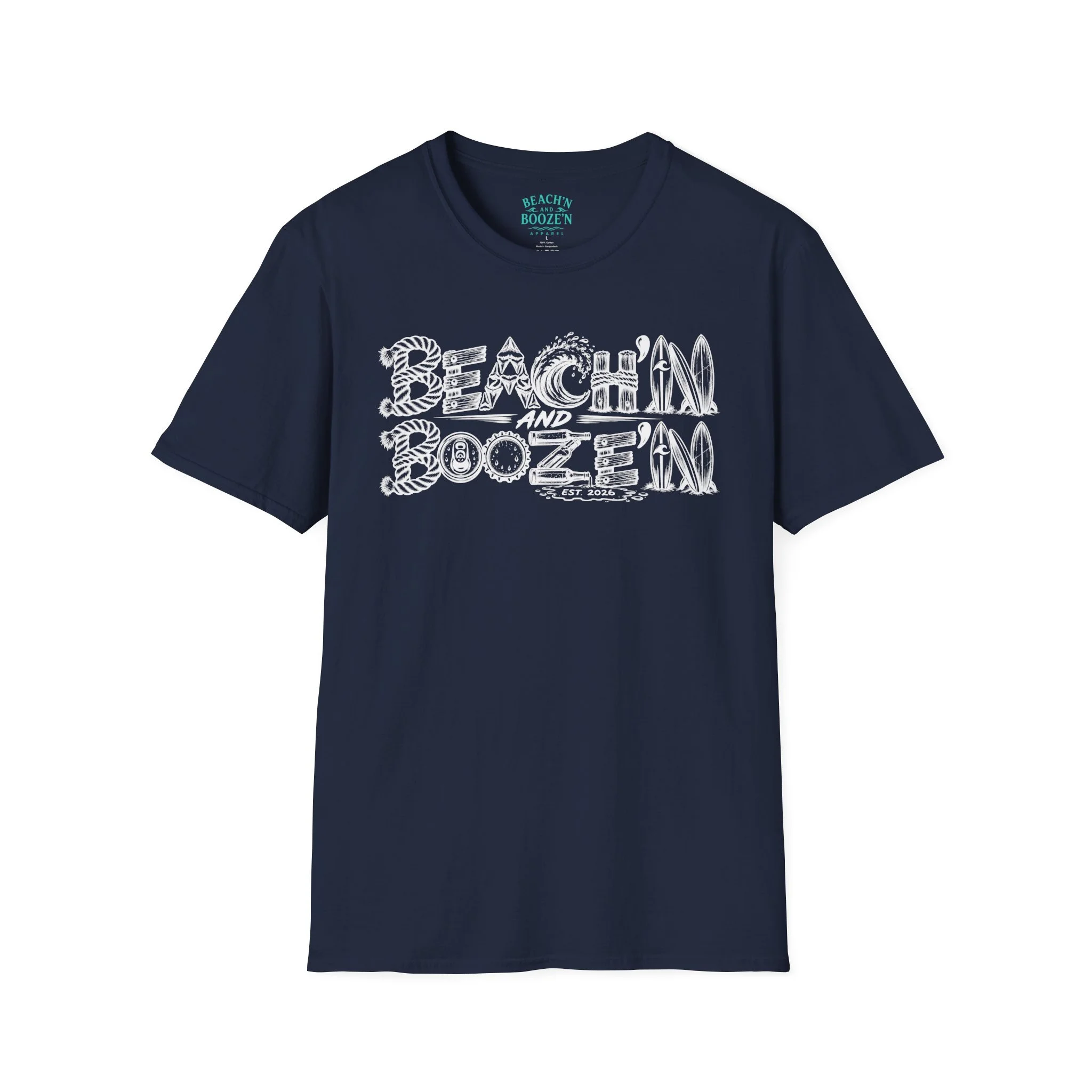2 Sides 1 Story in White—Beach'n and Booze'n T-Shirt