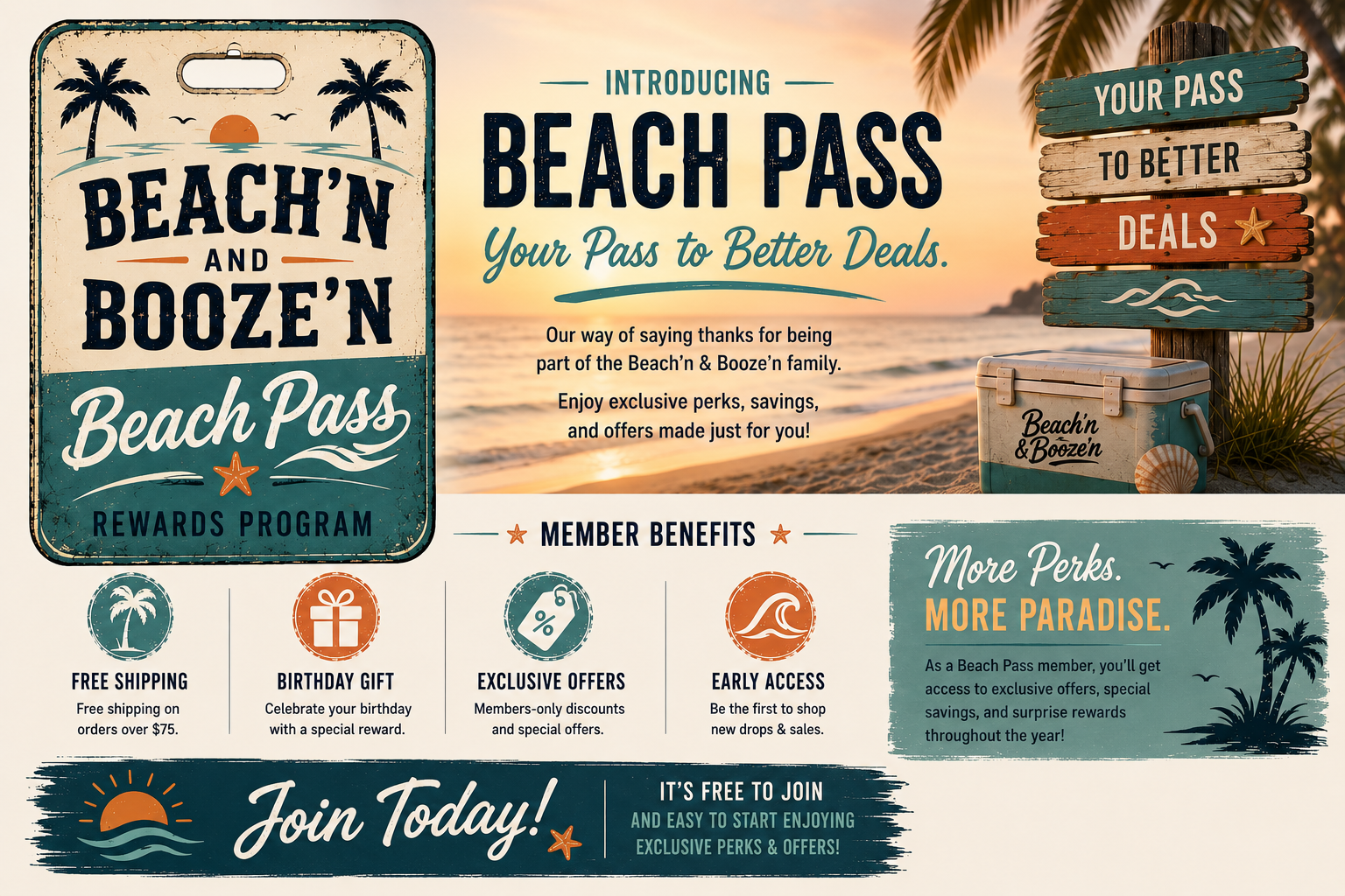 Beach'n and Booze'n Beach Pass Rewards Program promotional flyer with sunset background, featuring a palm tree and ocean. Highlights include free shipping, birthday gift, exclusive offers, and early access benefits, encouraging joining the program.