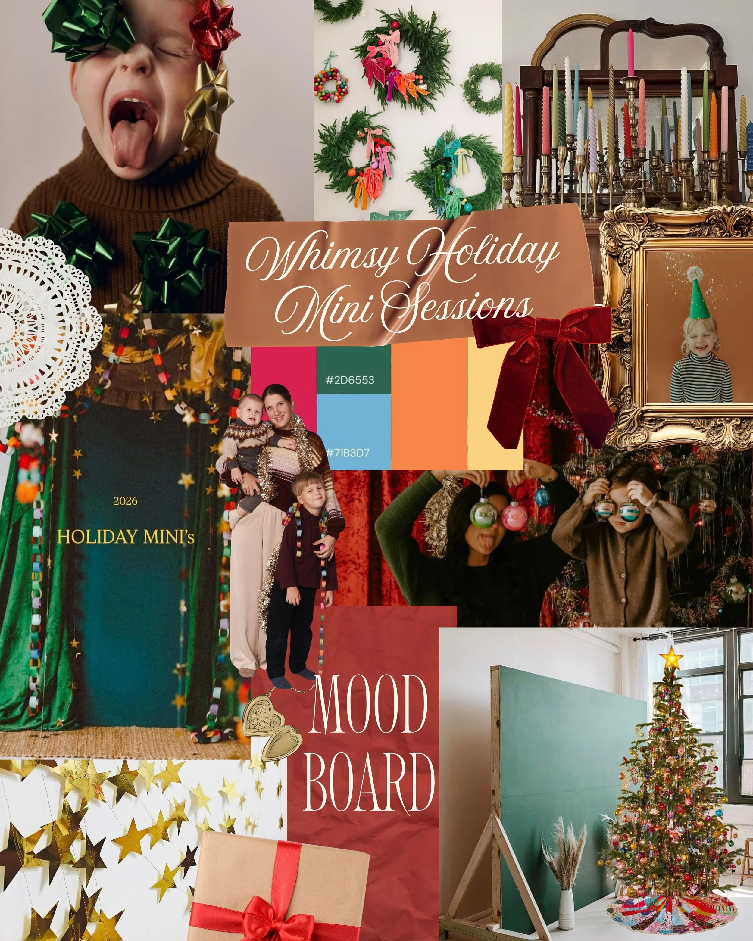 Collage of holiday-themed images including a child with Christmas bows on their head, Christmas wreaths, a large framed photo of a child wearing a party hat, a decorated Christmas tree, a wrapped gift, and a chalkboard with the words 'Mood & Board'.