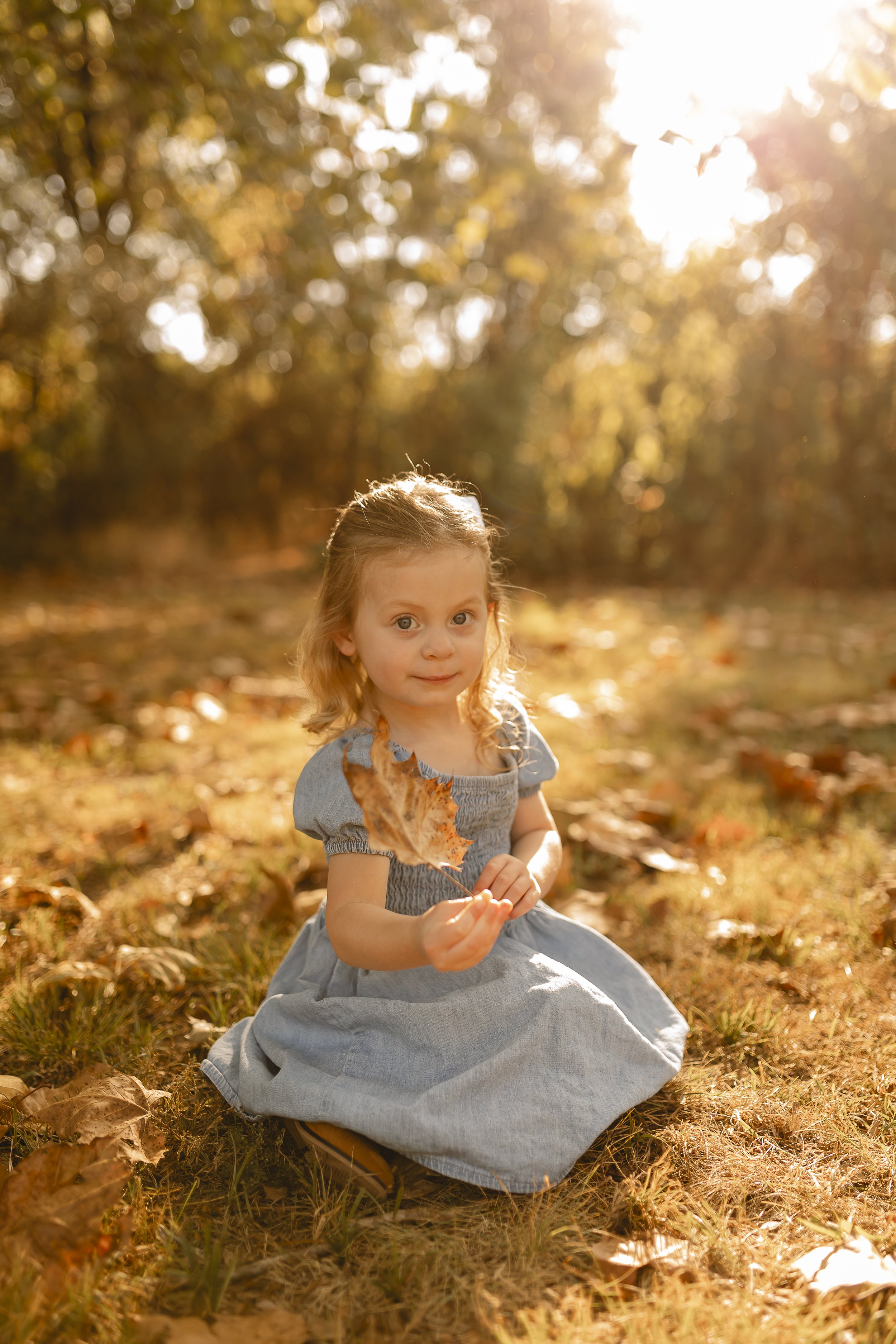 A young girl with blonde hair wearing a grey dress sitting on the ground in a park with fall leaves, holding a large maple leaf, with sunlight filtering through trees in the background.