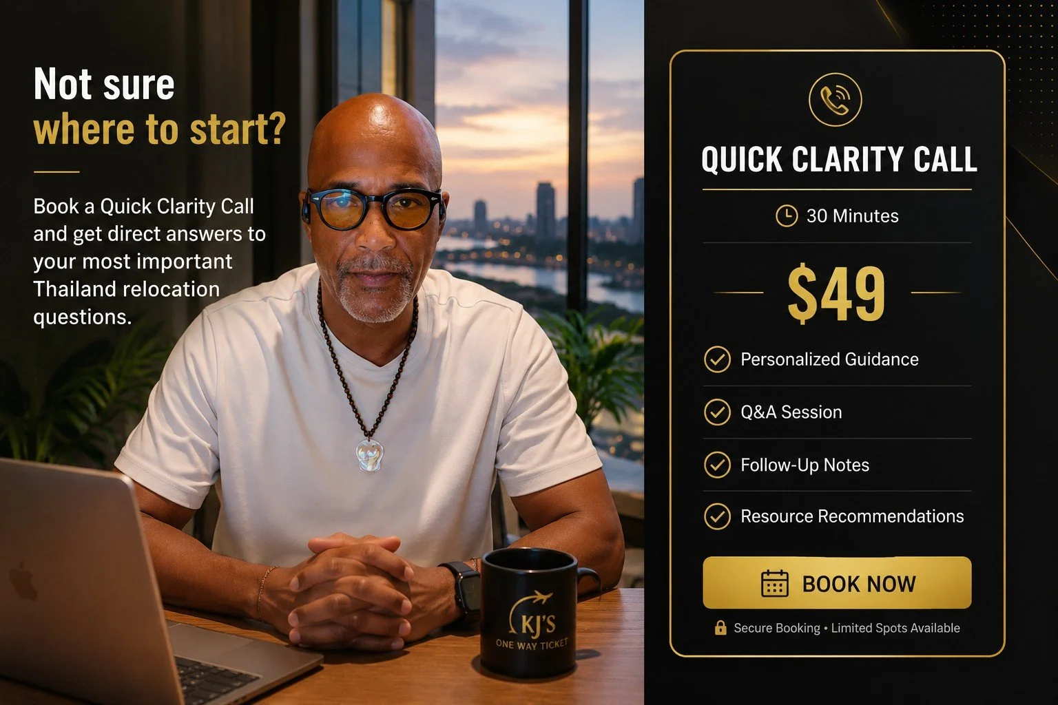 A man sitting at a desk with a laptop and a black mug with gold lettering, inside a room with large windows showing a sunset cityscape, promoting quick call booking for immigration guidance, priced at $49.