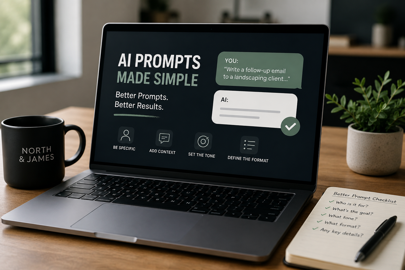 Laptop displaying an AI prompting guide alongside a notebook and coffee mug, illustrating how clear instructions lead to better AI-generated results.