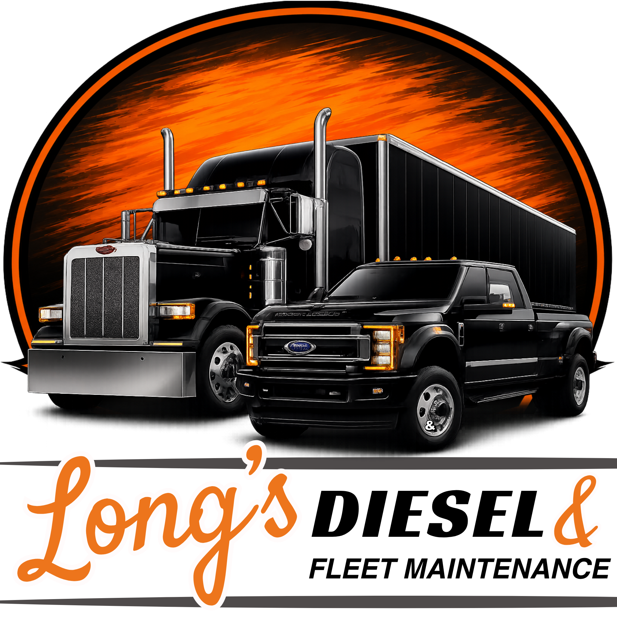 Black semi-truck with chrome details parked in front of an orange and black background with the words "long haul" written in orange cursive.