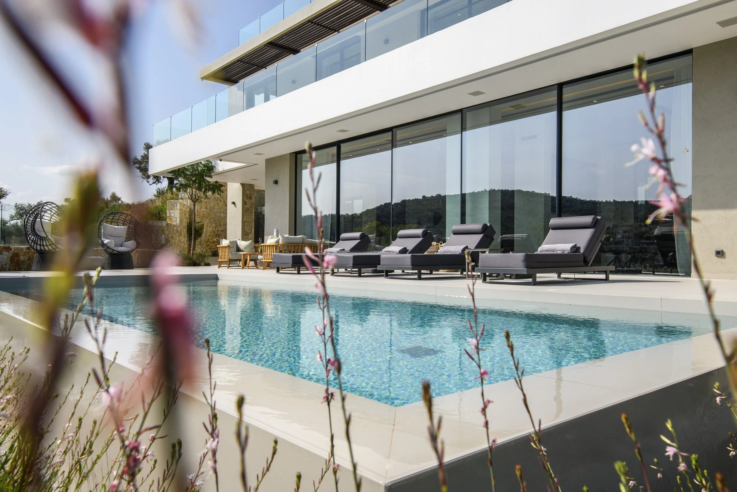 Modern house with large glass windows, outdoor lounge chairs, and a swimming pool, with blurred pink flowering branches in the foreground.