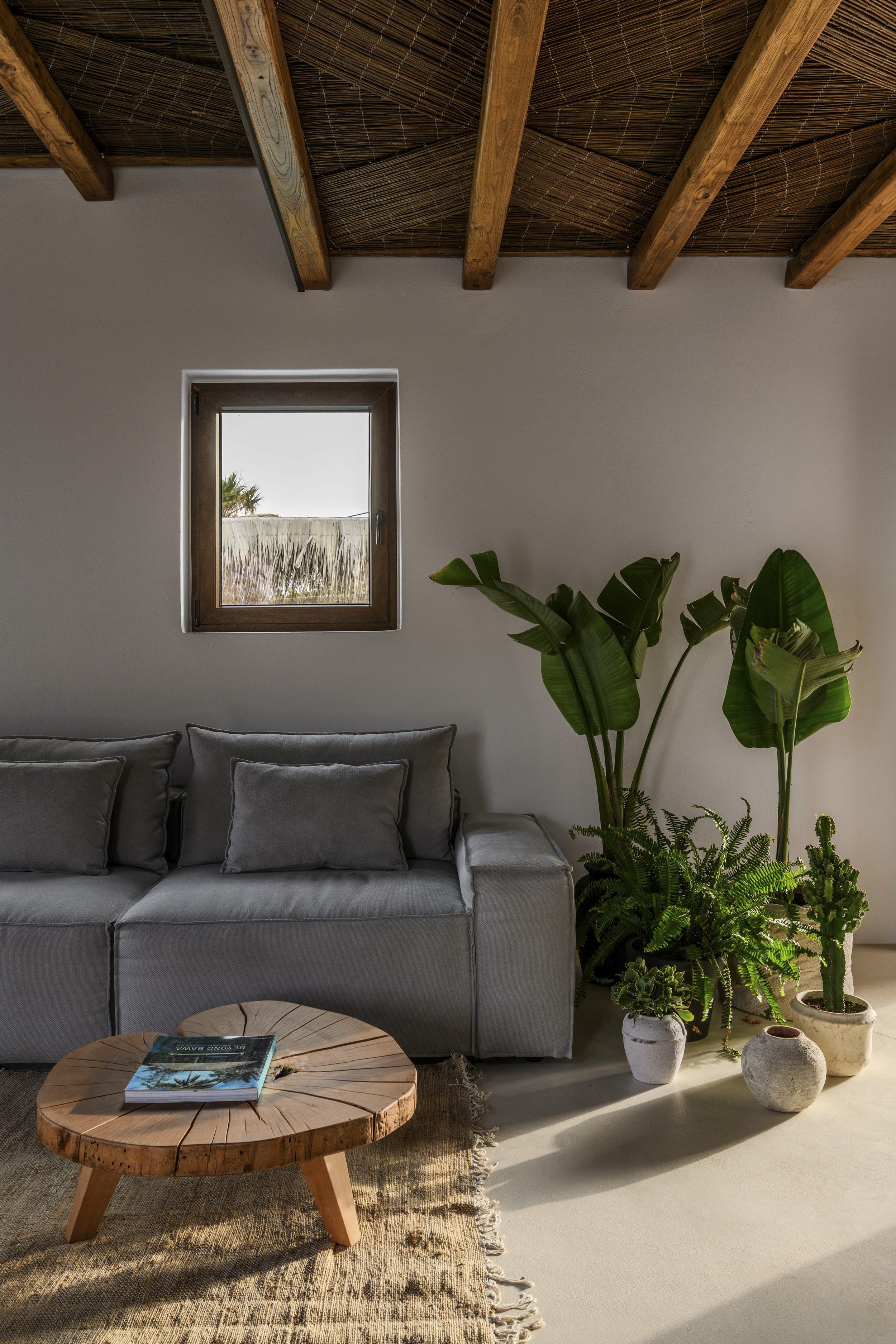 A cozy living room corner with a gray sofa, a wooden coffee table with a book on top, a natural fiber rug, and multiple potted green plants near a small window with a view of outdoor trees and sky. The ceiling has exposed wooden beams and woven ratta