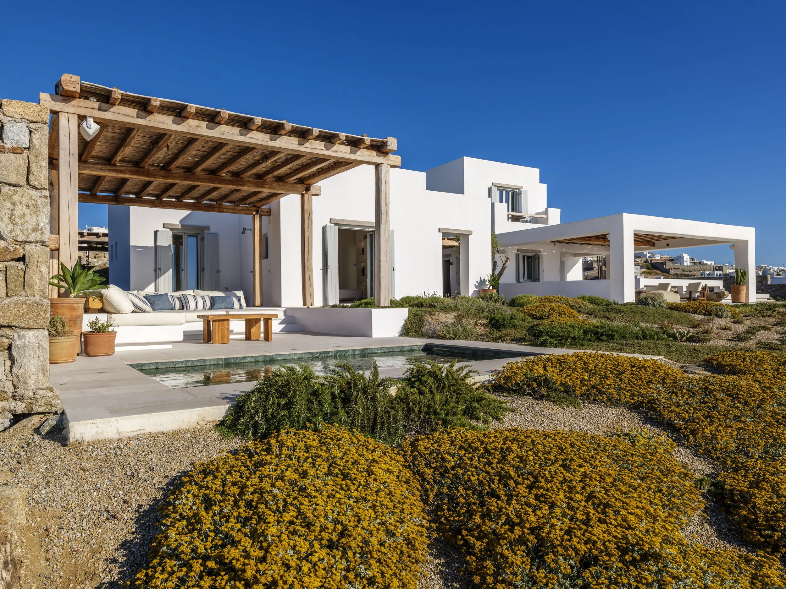 A modern white house with wooden pergola, outdoor sofa with pillows, potted plants, and a low pool, surrounded by desert plants and yellow flowers under a clear blue sky.