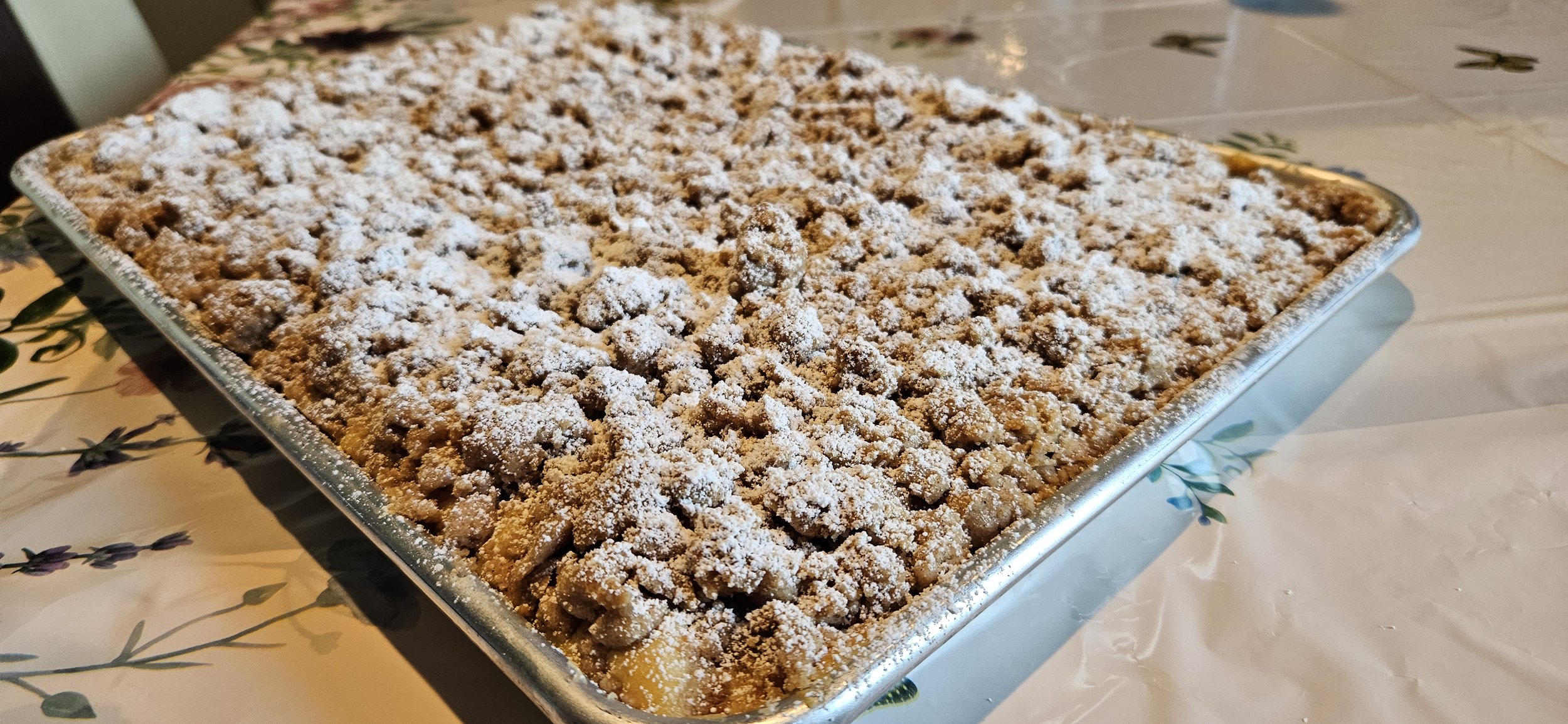 Our delicious Crumb Coffee Cake, at nearly TWO POUNDS a cake, this rich, buttery and cinnamon spiced cake hits home