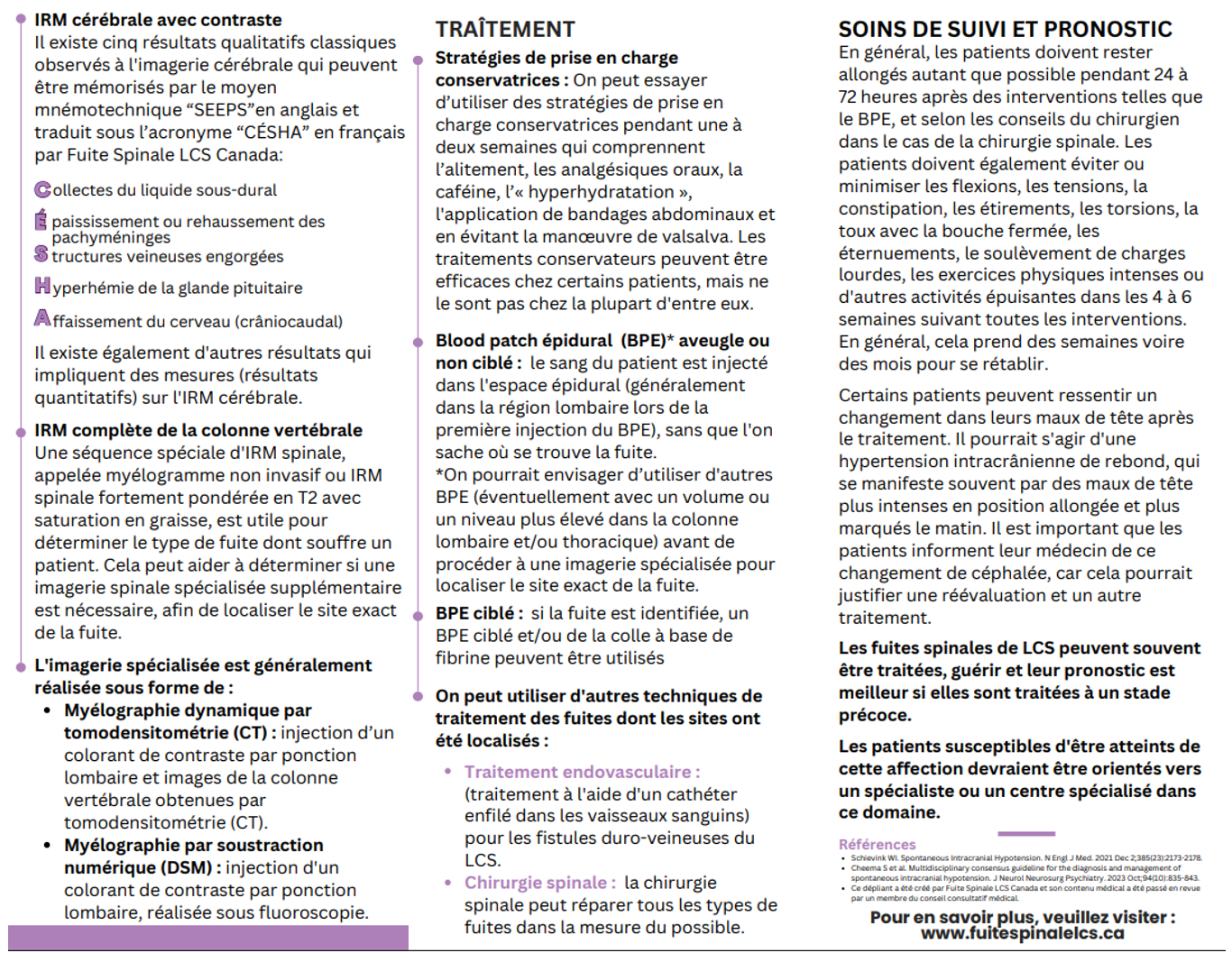 Résumé d'un document médical sur l'IRM cérébrale avec contraste, les traitements et soins pré et post-opératoires, et l'importance de la détection et du traitement des fuites CSFls.
