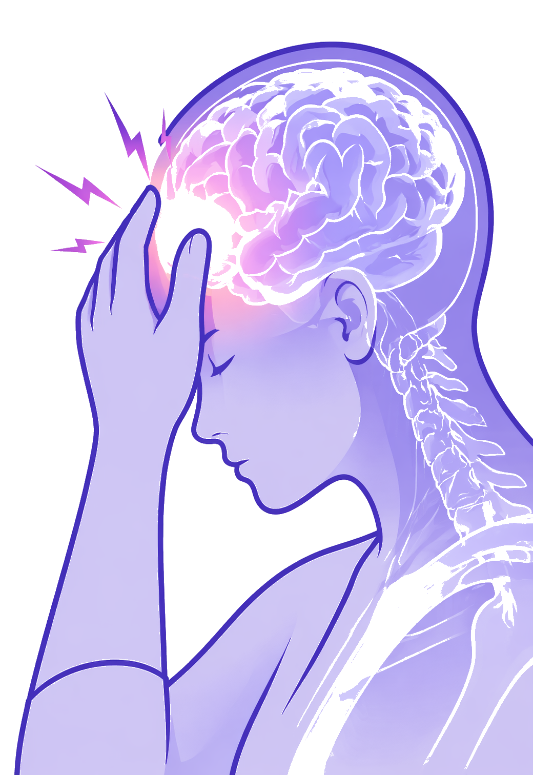 Illustration d'une femme en profil avec un cerveau visible, une main touchant la tête, des éclairs de douleur près du cerveau, représentation de maux de tête - les symptômes de l'hypotension intracrânienne.