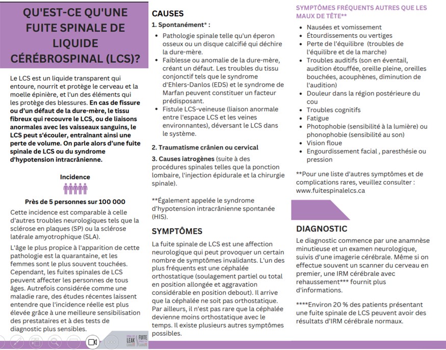 Infographie expliquant ce qu'est une fuite lombaire de liquide céphalo-rachidien, ses causes, symptômes, diagnostic et incidence.