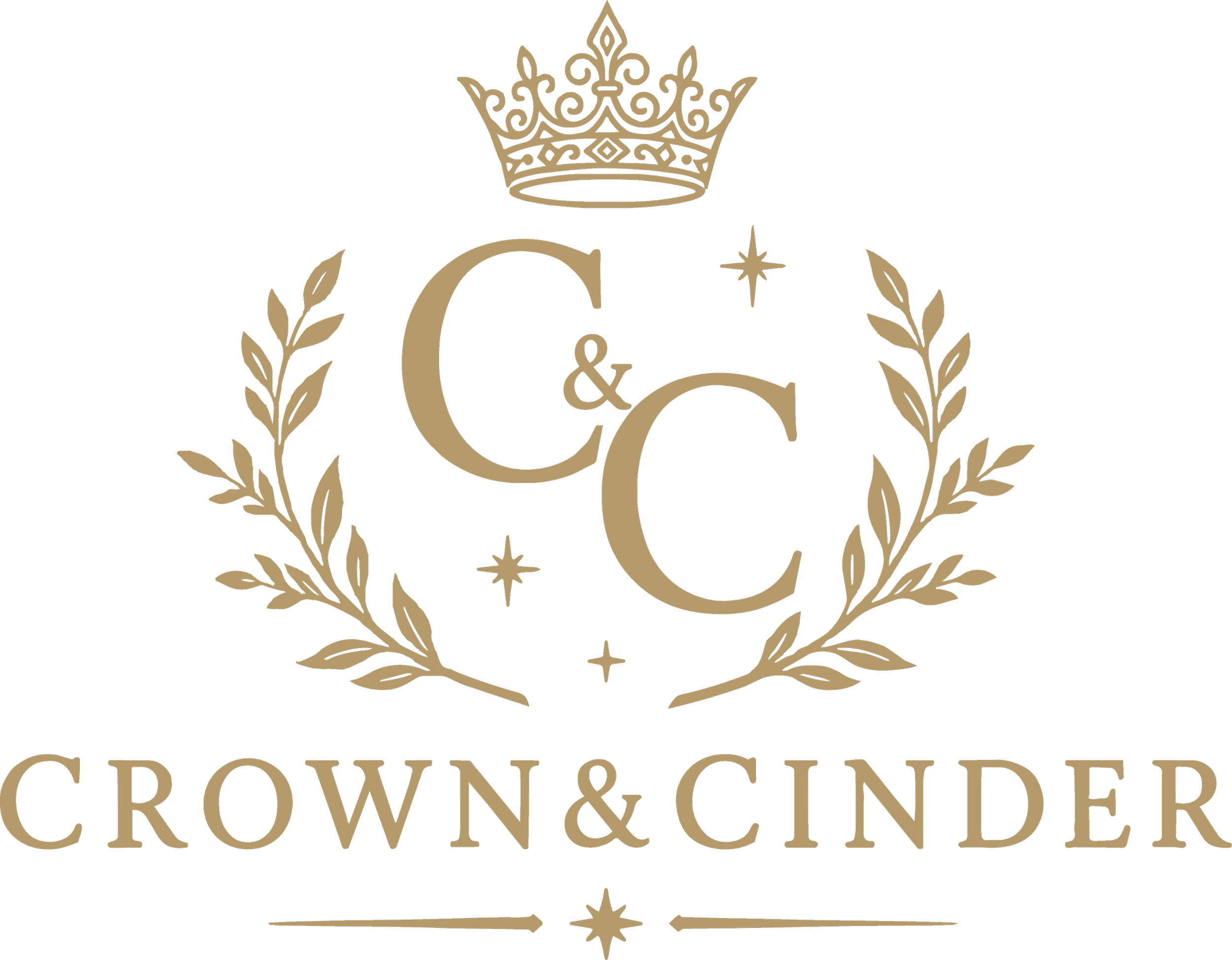 A black background with a gold crown above the text 'Crown & Cinder' and decorative laurel branches surrounding the letters 'C' and 'C', along with stars and a small cross.