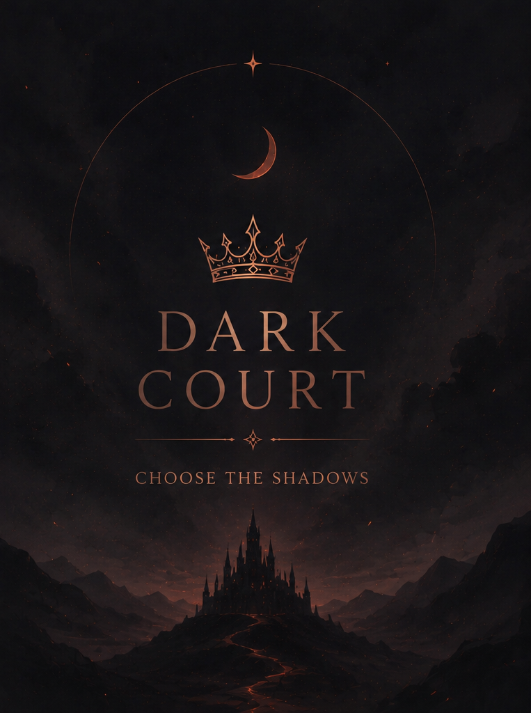 Dark fantasy-themed poster featuring a silhouette of a castle at mountain's base under a night sky with a crescent moon, a star, and the phrase 'Dark Court' with the subtitle 'Choose the Shadows' and a crown graphic.