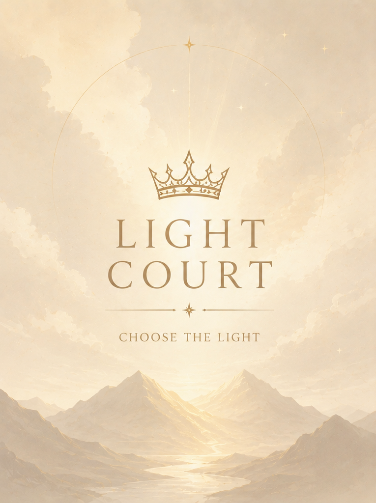 Background of mountains and clouds with the text 'Light Court' and 'Choose the Light', featuring a crown and stars.