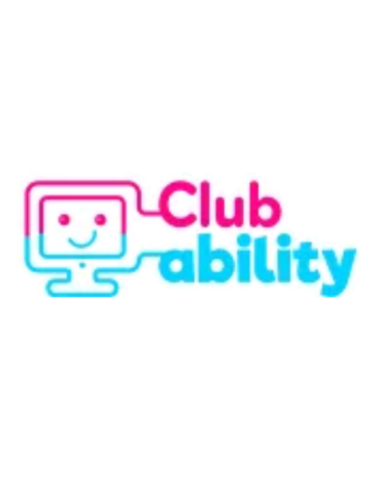 Logo for Club Ability featuring a smiling computer monitor with antennas, in pink and blue colors.
