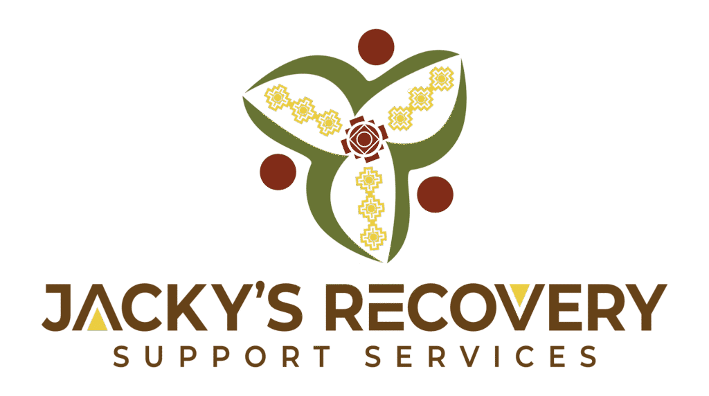 A logo for Jacky's Recovery Support Services featuring stylized butterfly with green, yellow, and brown colors and a rose in the center. The text says 'JACKY'S RECOVERY' in bold brown and yellow letters with 'SUPPORT SERVICES' underneath.