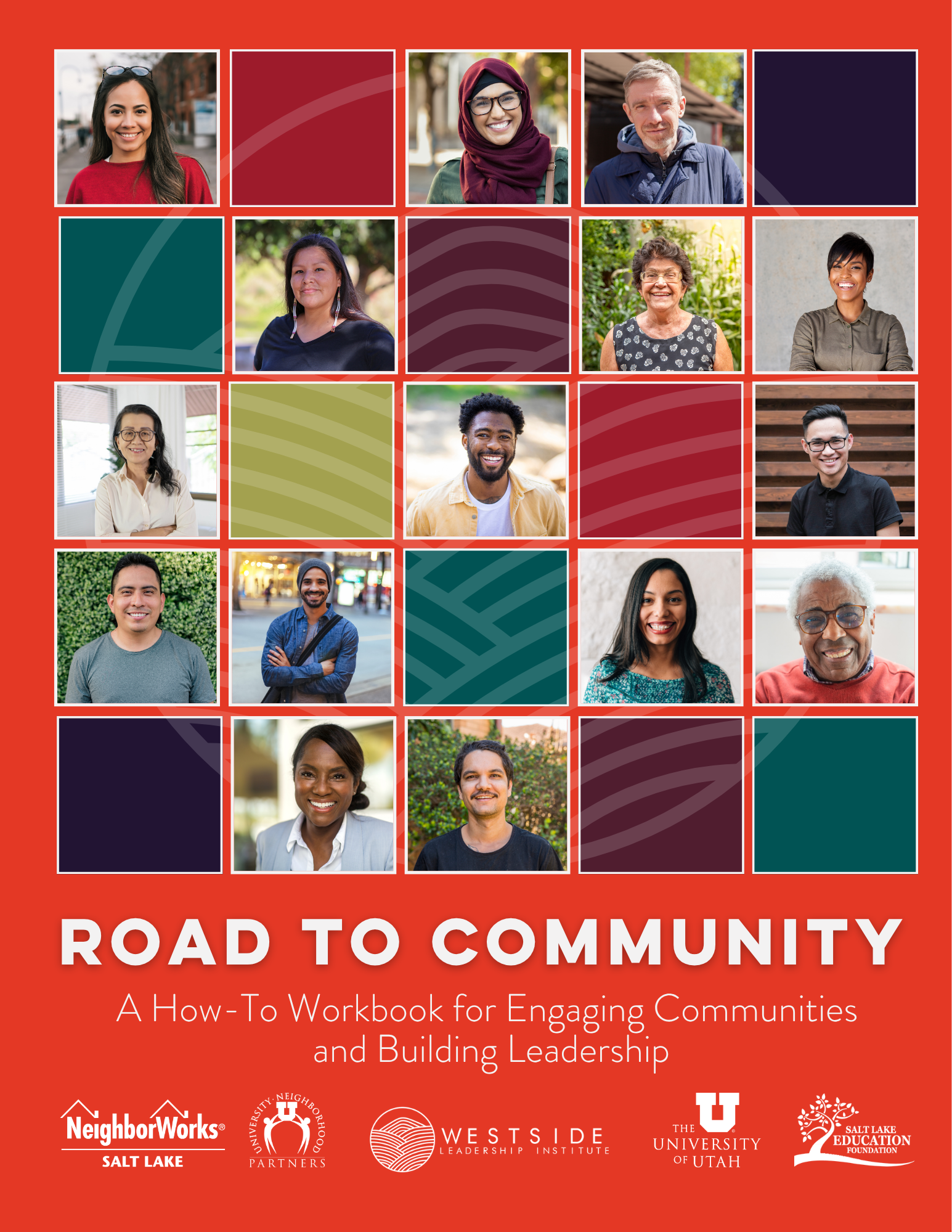 Cover of a workbook titled "Road to Community" featuring a grid of diverse smiling individuals and logos of Salt Lake organizations.