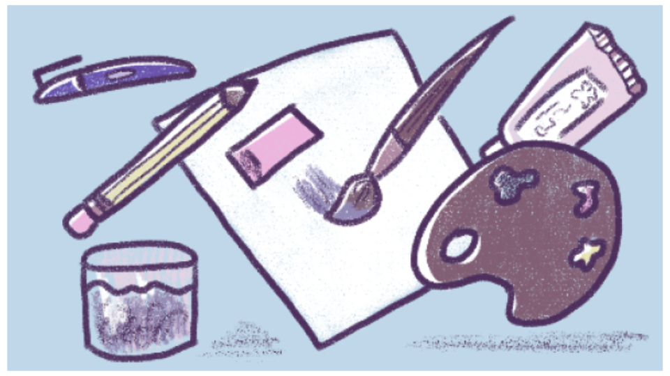 Art supplies on a table, including a pen, paint brush, eraser, tube of paint, palette with mixed colors, and a piece of paper with a sketch.