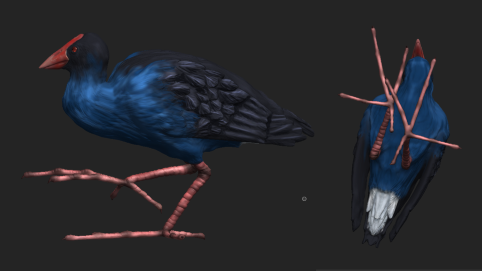 3D model of a blue bird with black and orange features, shown from side and top views.