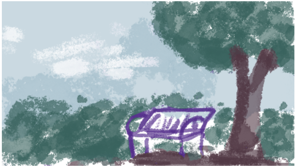 A park with a bench under a tree, painted in an impressionistic style.