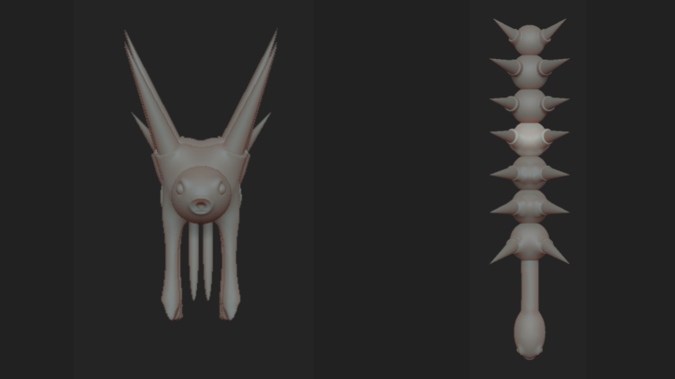 3D model of a creature with a rounded face, small ears, and spike-like extensions on its head and body, viewed from front and side angles.