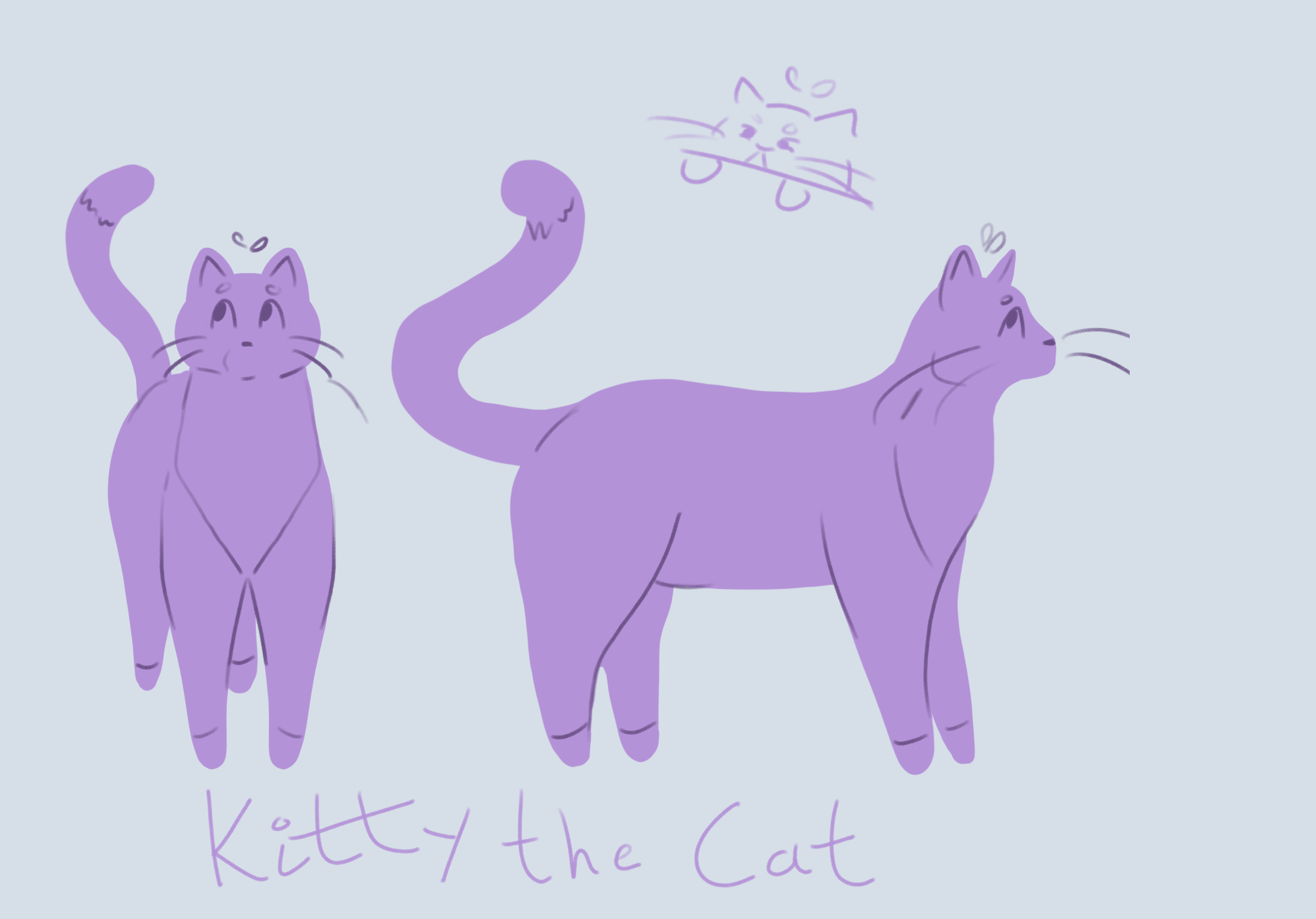 Drawing of three purple cats, with handwritten text reading 'Kitty the Cat'.