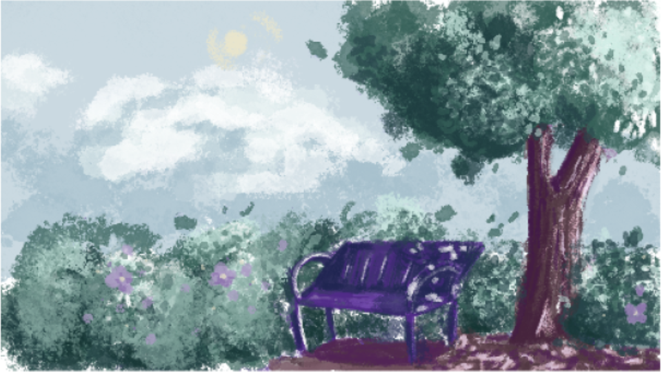 A painted scene of a park with a purple bench under a large green tree, surrounded by bushes with purple flowers, under a partly cloudy sky with the sun.