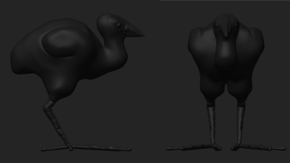 3D model of a black bird with a large body, small head, and long legs, viewed from front and side angles.
