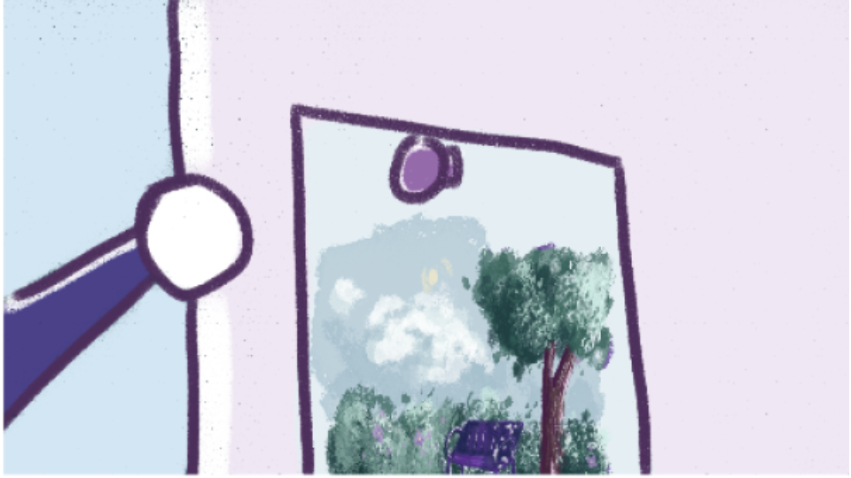 Drawing of a door ajar revealing a picture frame on the wall, which depicts a green landscape with a tree and a park bench.