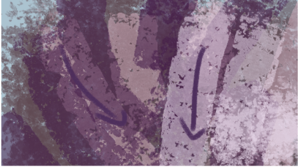 A rough digital drawing or painting of trees with purple and pink hues, and an arrow pointing downward.