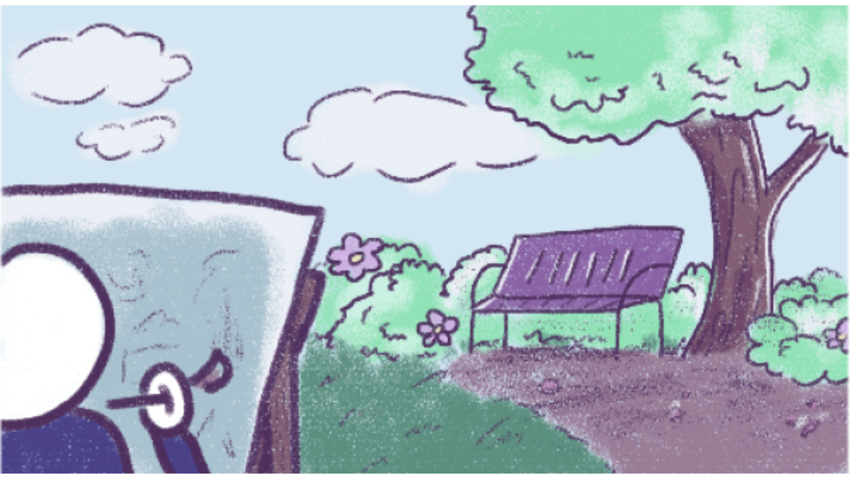 A cartoon garden scene with a picnic table under a tree, surrounded by bushes and flowers, with a cloudy sky.