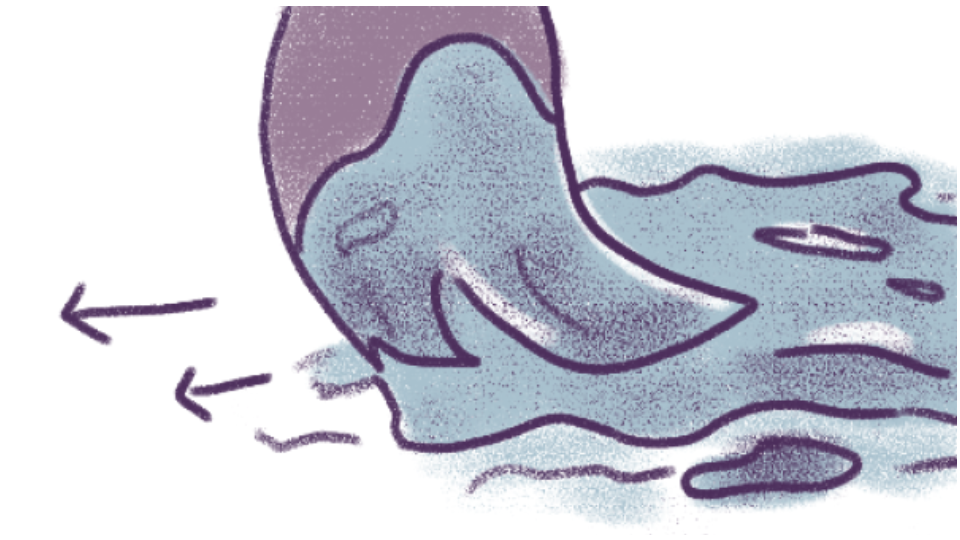 A hand dipping into blue water, creating ripples and small waves.