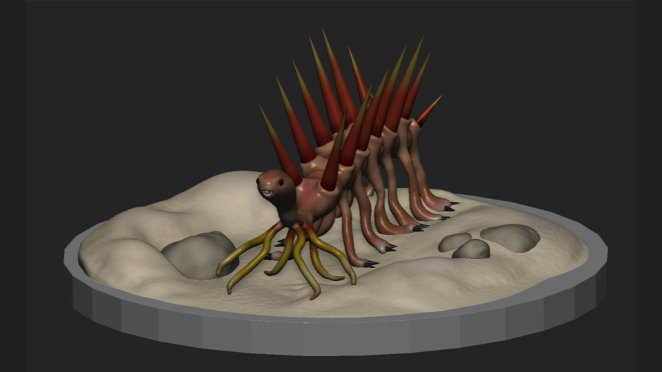 A digital model of a creature with multiple legs, a long body with spikes, and a head with tentacles, standing on a textured circular base resembling sand or soil.