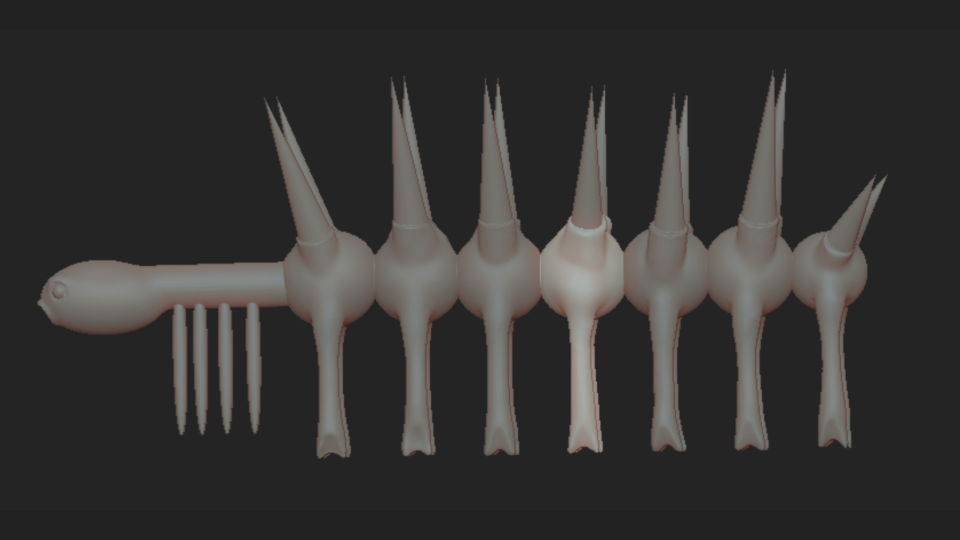 A 3D model of a toy dinosaur with eight raised, pointed spikes on its back and a long tail.