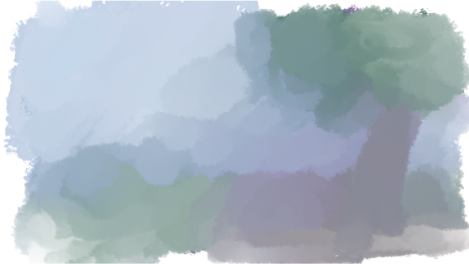 A watercolor-style painting of a tree in a landscape with a cloudy sky.