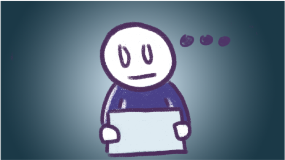 A cartoon person holding a sign, with a confused or thoughtful expression and three dots above their head.