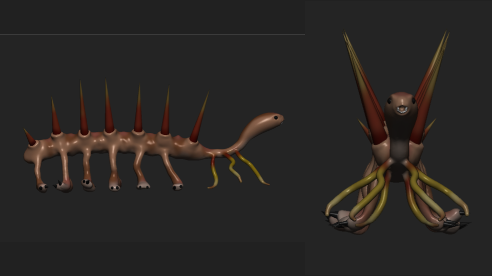 A digital 3D rendering of a fantastical creature with a segmented caterpillar-like body, multiple spikes along its back, small eyes, and tentacle-like appendages extending from its head and underside, viewed from side and front angles.