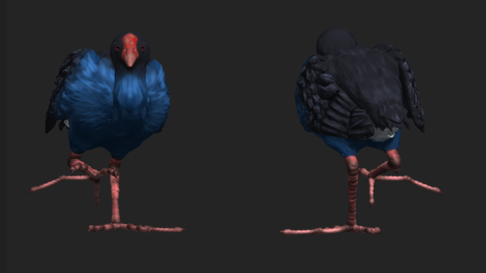 Digital 3D model of a vulture with blue and black feathers, red facial features, and pinkish legs, viewed from front and back against a black background.