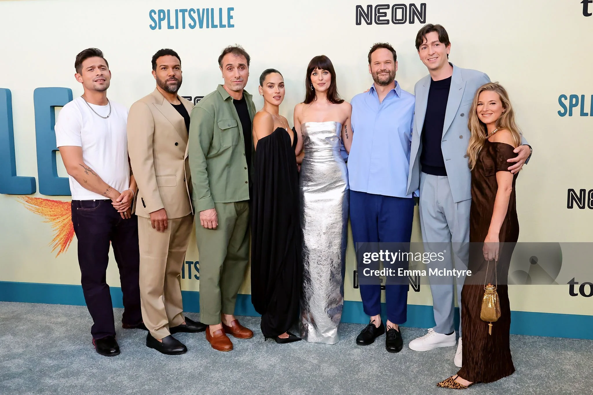 Actor Jessika Mathurin with the cast of Splitsville, Dakota Johnson, Adria Arjona, Nicholas Braun, Michael Angelo Covino, Kyle Marvin, O-T Fagbenle, David Castañeda, at the Los Angeles premiere.