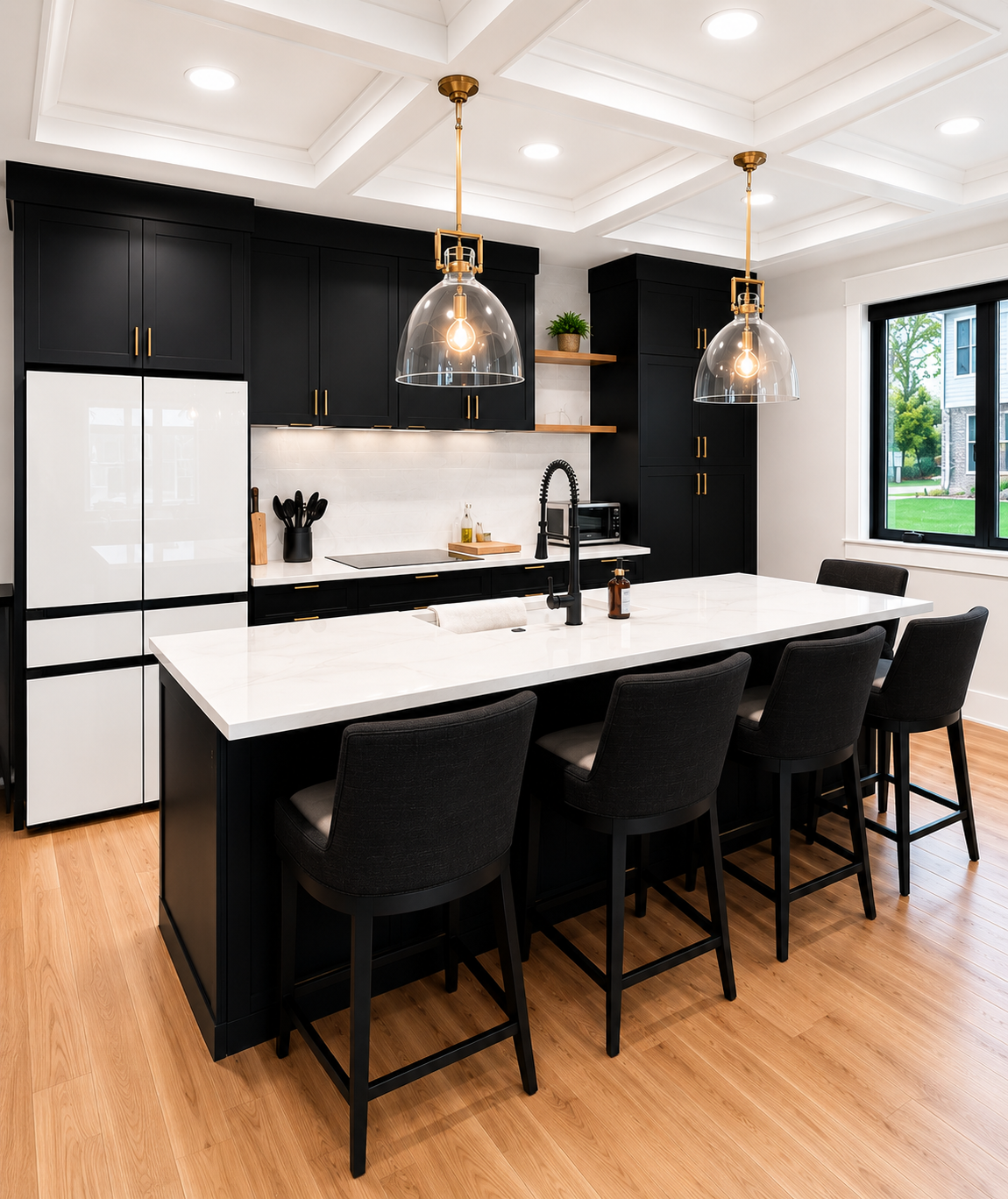 Modern kitchen with black cabinets, white marble island, pendant lights, and a window showing greenery outside.