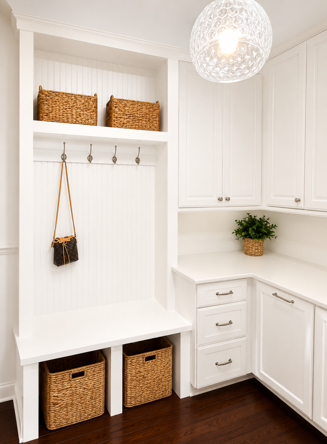 Entryway with white built-in cabinetry, woven baskets, and hooks, a small handbag hanging, and a potted plant on the countertop, illuminated by a modern pendant light.