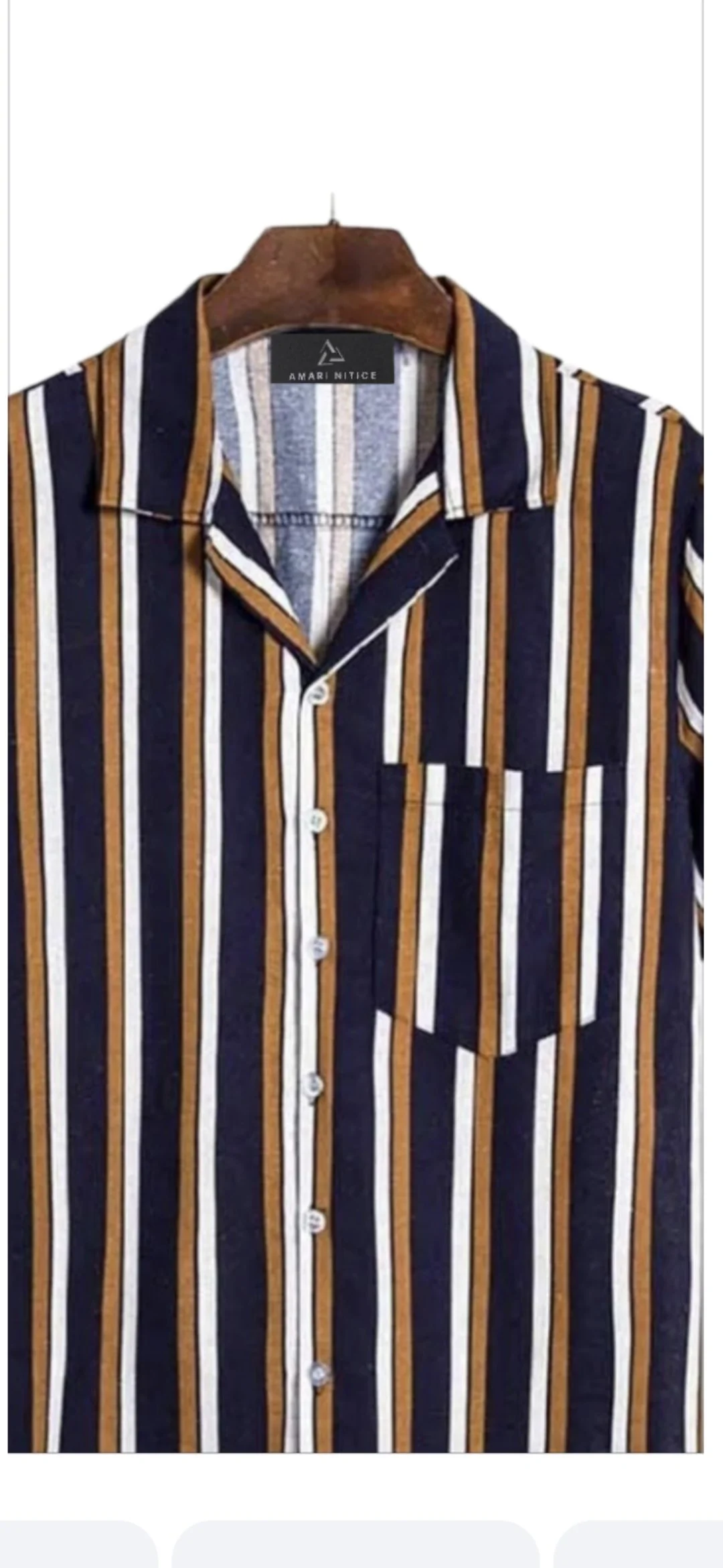 A short-sleeved button-up shirt with vertical navy, white, and mustard stripe pattern hanging on a wooden hanger.