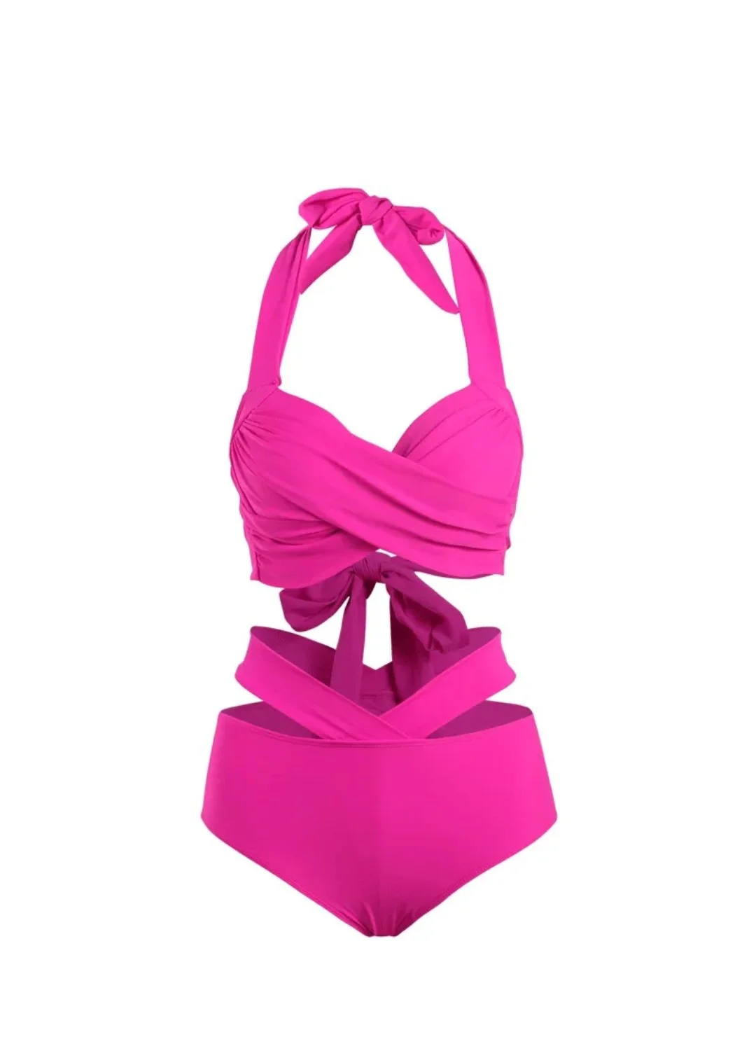 Bright pink bikini with a knotted top and matching bottoms displayed against a white background.